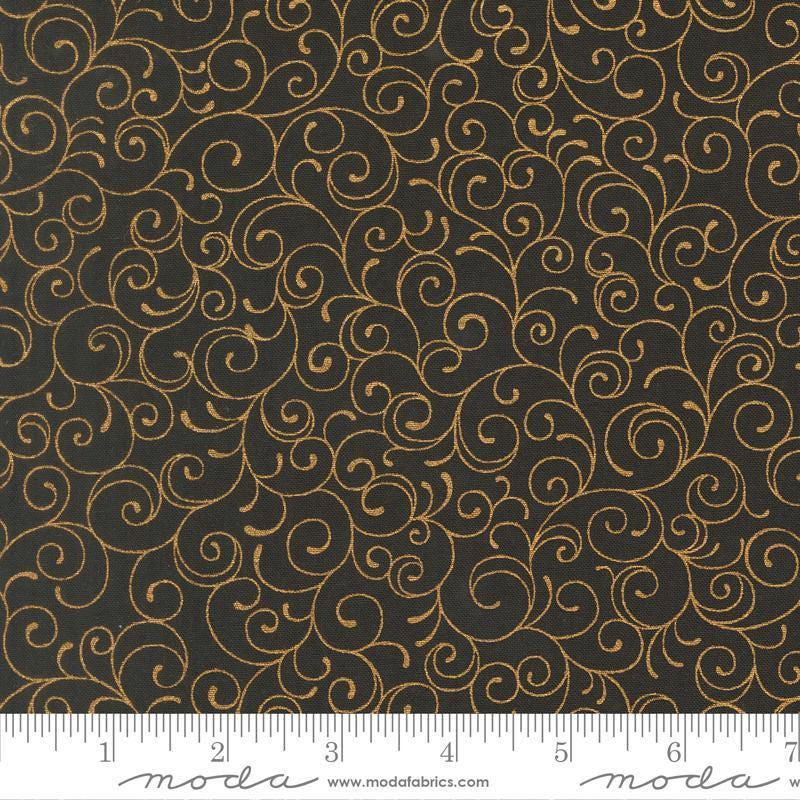 Image of Merry Manor 2025 Swirl Ebony quilting cotton fabric by Moda for Moda Fabrics. Features swirls on a black background. Cute Little Fabric Shop.