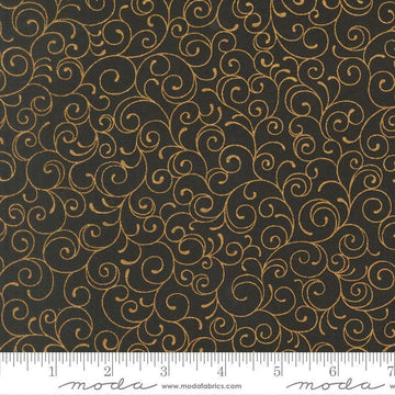 Image of Merry Manor 2025 Swirl Ebony quilting cotton fabric by Moda for Moda Fabrics. Features swirls on a black background. Cute Little Fabric Shop.