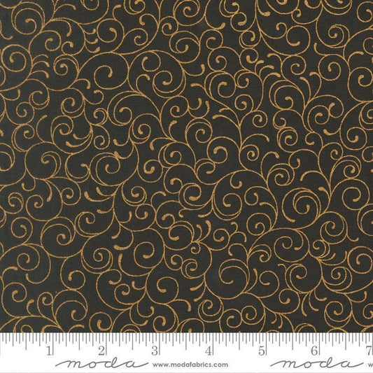 Image of Merry Manor 2025 Swirl Ebony quilting cotton fabric by Moda for Moda Fabrics. Features swirls on a black background. Cute Little Fabric Shop.