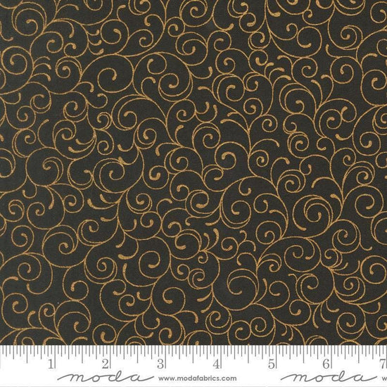 Image of Merry Manor 2025 Swirl Ebony quilting cotton fabric by Moda for Moda Fabrics. Features swirls on a black background. Cute Little Fabric Shop.