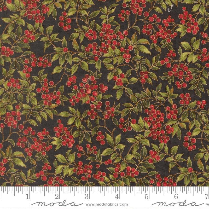 Image of Merry Manor 2025 Hollyberry Ebony quilting cotton fabric by Moda for Moda Fabrics. Features berries on a black background. Cute Little Fabric Shop.