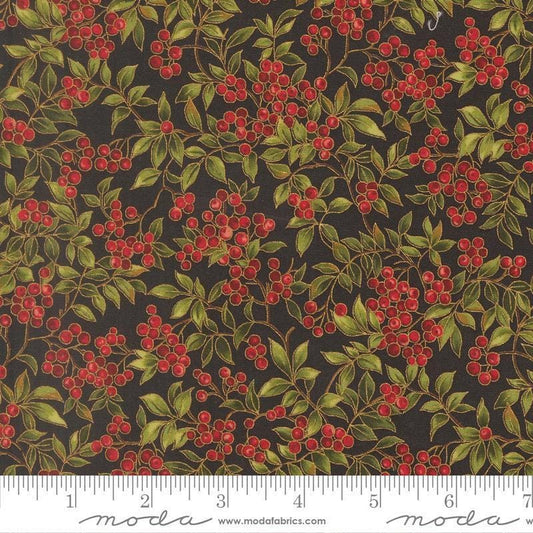 Image of Merry Manor 2025 Hollyberry Ebony quilting cotton fabric by Moda for Moda Fabrics. Features berries on a black background. Cute Little Fabric Shop.