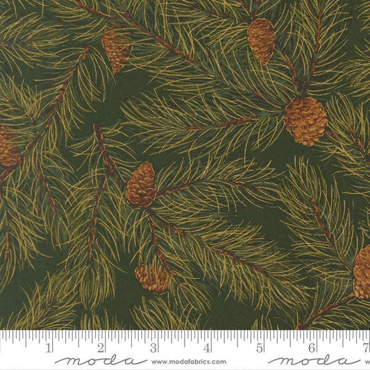 Image of Merry Manor 2025 Pine Evergreen quilting cotton fabric by Moda for Moda Fabrics. Features pine needles on a green background. Cute Little Fabric Shop.