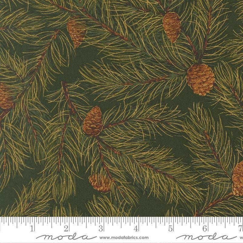 Image of Merry Manor 2025 Pine Evergreen quilting cotton fabric by Moda for Moda Fabrics. Features pine needles on a green background. Cute Little Fabric Shop.