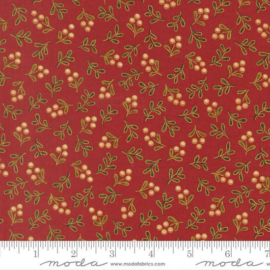 Image of Merry Manor 2025 Berry Crimson quilting cotton fabric by Moda for Moda Fabrics. Features berries on a red background. Cute Little Fabric Shop.