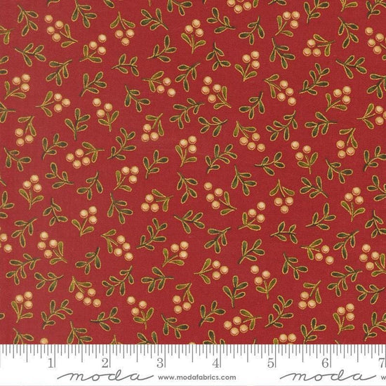 Image of Merry Manor 2025 Berry Crimson quilting cotton fabric by Moda for Moda Fabrics. Features berries on a red background. Cute Little Fabric Shop.