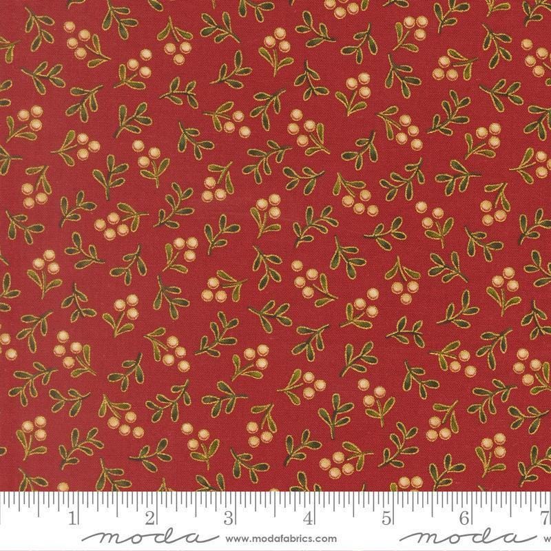 Image of Merry Manor 2025 Berry Crimson quilting cotton fabric by Moda for Moda Fabrics. Features berries on a red background. Cute Little Fabric Shop.