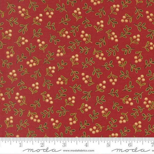 Image of Merry Manor 2025 Berry Crimson quilting cotton fabric by Moda for Moda Fabrics. Features berries on a red background. Cute Little Fabric Shop.