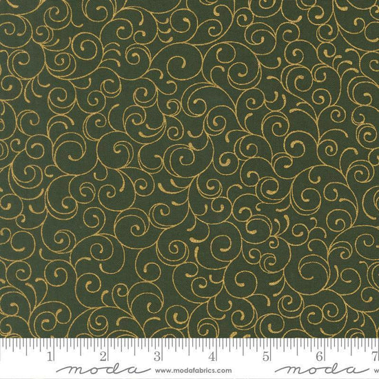 Image of Merry Manor 2025 Swirl Evergreen quilting cotton fabric by Moda for Moda Fabrics. Features swirls on a green background. Cute Little Fabric Shop.
