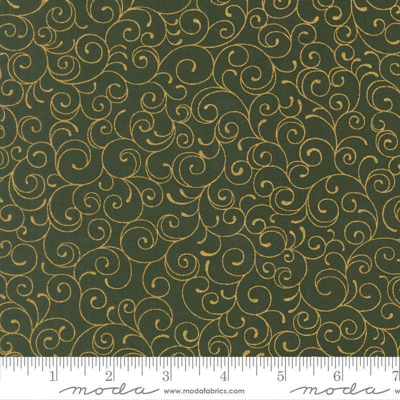 Image of Merry Manor 2025 Swirl Evergreen quilting cotton fabric by Moda for Moda Fabrics. Features swirls on a green background. Cute Little Fabric Shop.