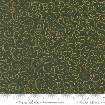 Image of Merry Manor 2025 Swirl Evergreen quilting cotton fabric by Moda for Moda Fabrics. Features swirls on a green background. Cute Little Fabric Shop.