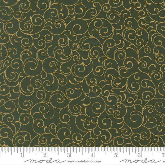 Image of Merry Manor 2025 Swirl Evergreen quilting cotton fabric by Moda for Moda Fabrics. Features swirls on a green background. Cute Little Fabric Shop.