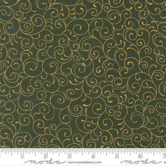 Image of Merry Manor 2025 Swirl Evergreen quilting cotton fabric by Moda for Moda Fabrics. Features swirls on a green background. Cute Little Fabric Shop.