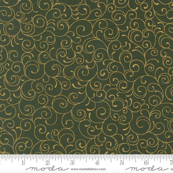 Image of Merry Manor 2025 Swirl Evergreen quilting cotton fabric by Moda for Moda Fabrics. Features swirls on a green background. Cute Little Fabric Shop.