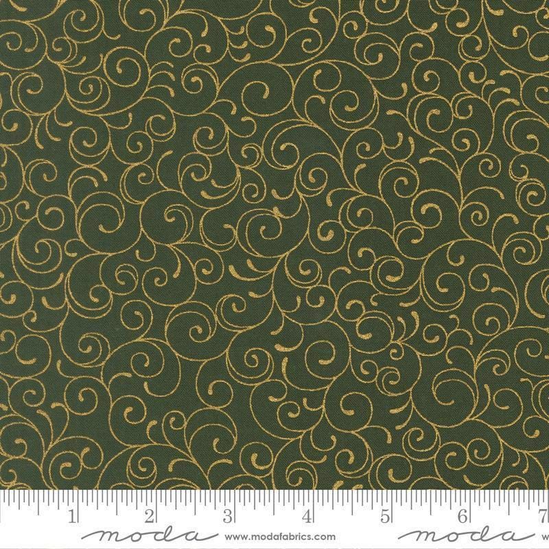 Image of Merry Manor 2025 Swirl Evergreen quilting cotton fabric by Moda for Moda Fabrics. Features swirls on a green background. Cute Little Fabric Shop.