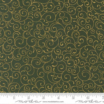 Image of Merry Manor 2025 Swirl Evergreen quilting cotton fabric by Moda for Moda Fabrics. Features swirls on a green background. Cute Little Fabric Shop.