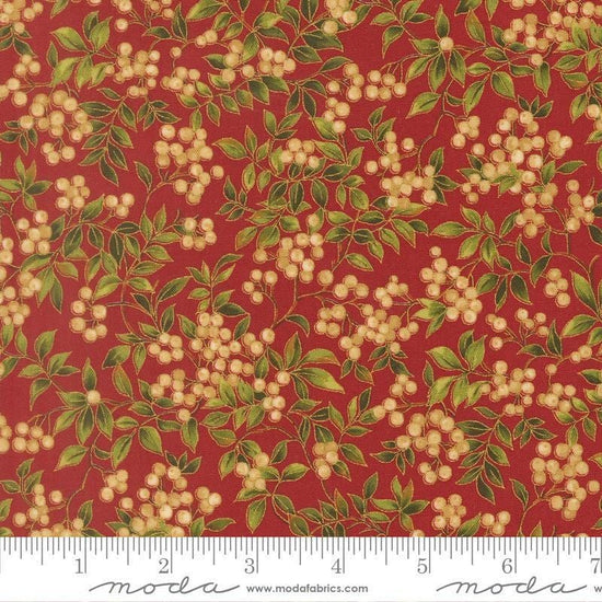 Image of Merry Manor 2025 Hollyberry Crimson quilting cotton fabric by Moda for Moda Fabrics. Features berries on a red background. Cute Little Fabric Shop.