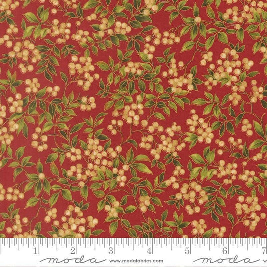 Image of Merry Manor 2025 Hollyberry Crimson quilting cotton fabric by Moda for Moda Fabrics. Features berries on a red background. Cute Little Fabric Shop.