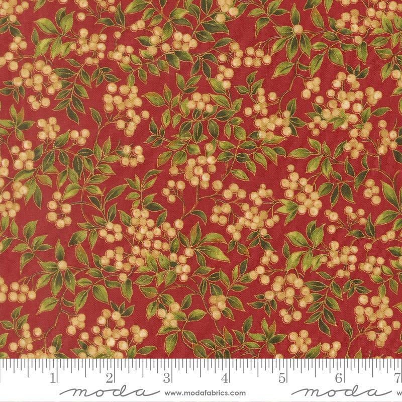 Image of Merry Manor 2025 Hollyberry Crimson quilting cotton fabric by Moda for Moda Fabrics. Features berries on a red background. Cute Little Fabric Shop.