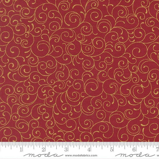 Image of Merry Manor 2025 Swirl Crimson quilting cotton fabric by Moda for Moda Fabrics. Features swirls on a red background. Cute Little Fabric Shop.