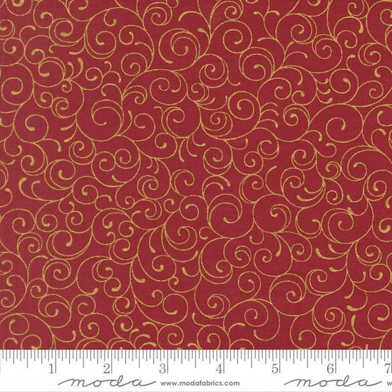 Image of Merry Manor 2025 Swirl Crimson quilting cotton fabric by Moda for Moda Fabrics. Features swirls on a red background. Cute Little Fabric Shop.