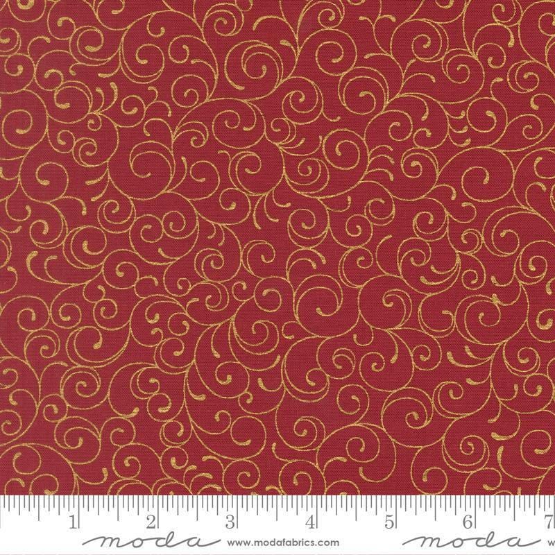 Image of Merry Manor 2025 Swirl Crimson quilting cotton fabric by Moda for Moda Fabrics. Features swirls on a red background. Cute Little Fabric Shop.
