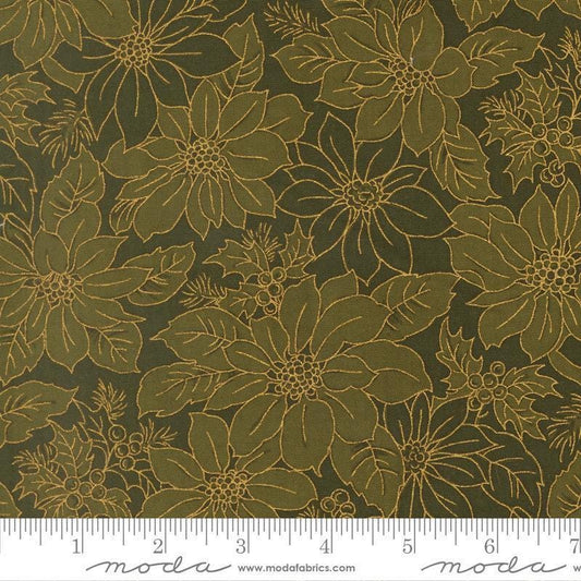 Image of Merry Manor 2025 Poinsettia Blooms Evergreen quilting cotton fabric by Moda for Moda Fabrics. Features flowers on a green background. Cute Little Fabric Shop.