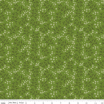 Image of Baked With Love Apron Olive quilting cotton fabric by Lori Holt for Riley Blake Designs. Features flowers on a green background. Cute Little Fabric Shop.