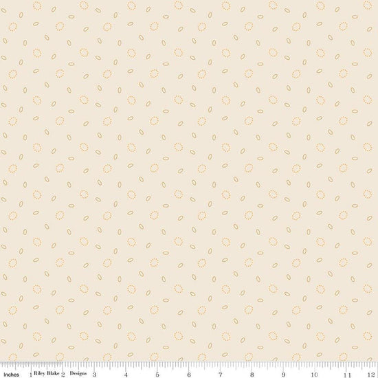 Image of Baked With Love Grandma's Pearl Marigold quilting cotton fabric by Lori Holt for Riley Blake Designs. Features circles on a cream background. Cute Little Fabric Shop.