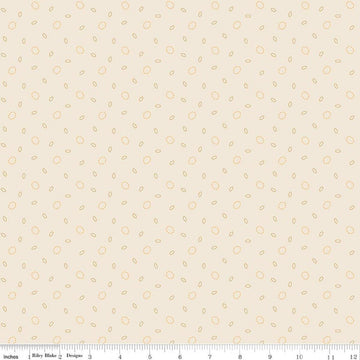 Image of Baked With Love Grandma's Pearl Marigold quilting cotton fabric by Lori Holt for Riley Blake Designs. Features circles on a cream background. Cute Little Fabric Shop.