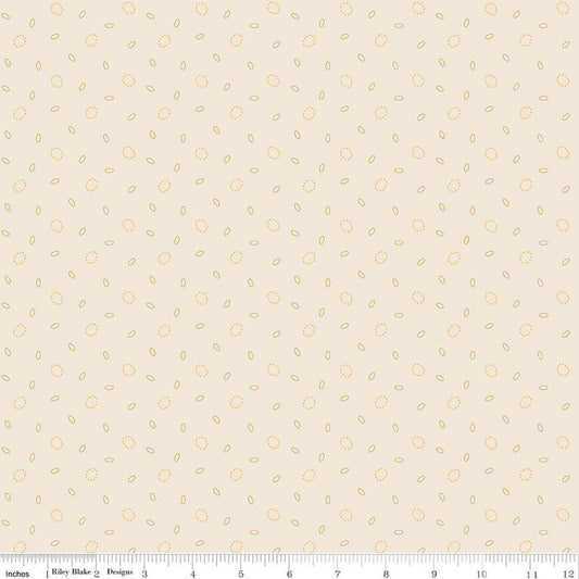 Image of Baked With Love Grandma's Pearl Marigold quilting cotton fabric by Lori Holt for Riley Blake Designs. Features circles on a cream background. Cute Little Fabric Shop.