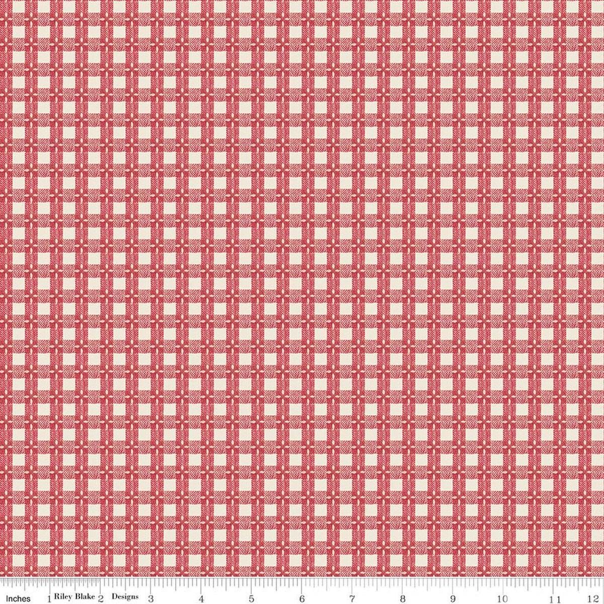 Image of Baked With Love Tablecloth Schoolhouse quilting cotton fabric by Lori Holt for Riley Blake Designs. Features gingham on a red background. Cute Little Fabric Shop.