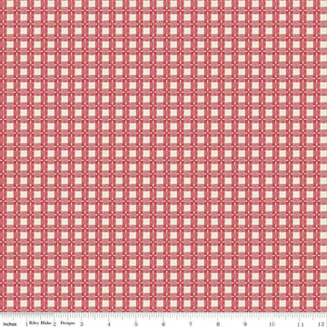 Image of Baked With Love Tablecloth Schoolhouse quilting cotton fabric by Lori Holt for Riley Blake Designs. Features gingham on a red background. Cute Little Fabric Shop.