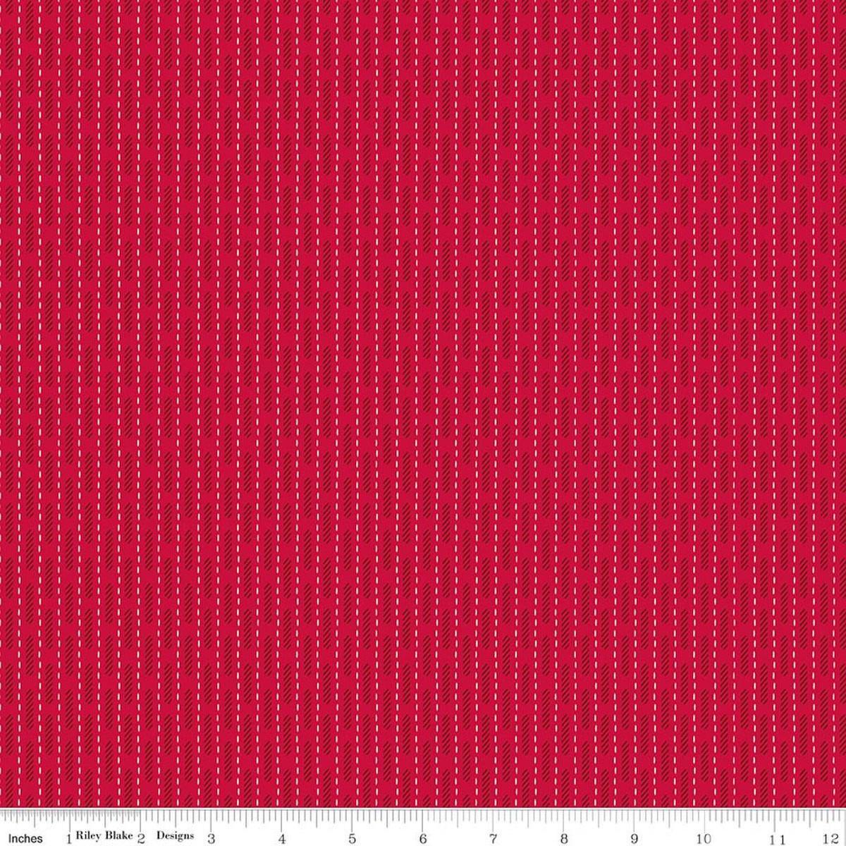 Image of Baked With Love Dish Towel Schoolhouse quilting cotton fabric by Lori Holt for Riley Blake Designs. Features stripes on a red background. Cute Little Fabric Shop.