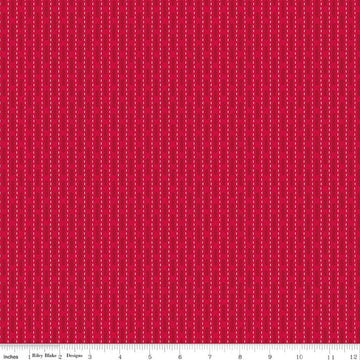 Image of Baked With Love Dish Towel Schoolhouse quilting cotton fabric by Lori Holt for Riley Blake Designs. Features stripes on a red background. Cute Little Fabric Shop.