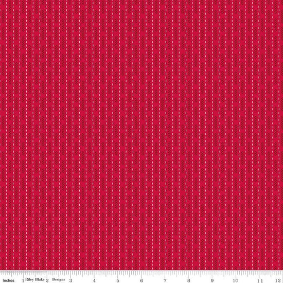 Image of Baked With Love Dish Towel Schoolhouse quilting cotton fabric by Lori Holt for Riley Blake Designs. Features stripes on a red background. Cute Little Fabric Shop.