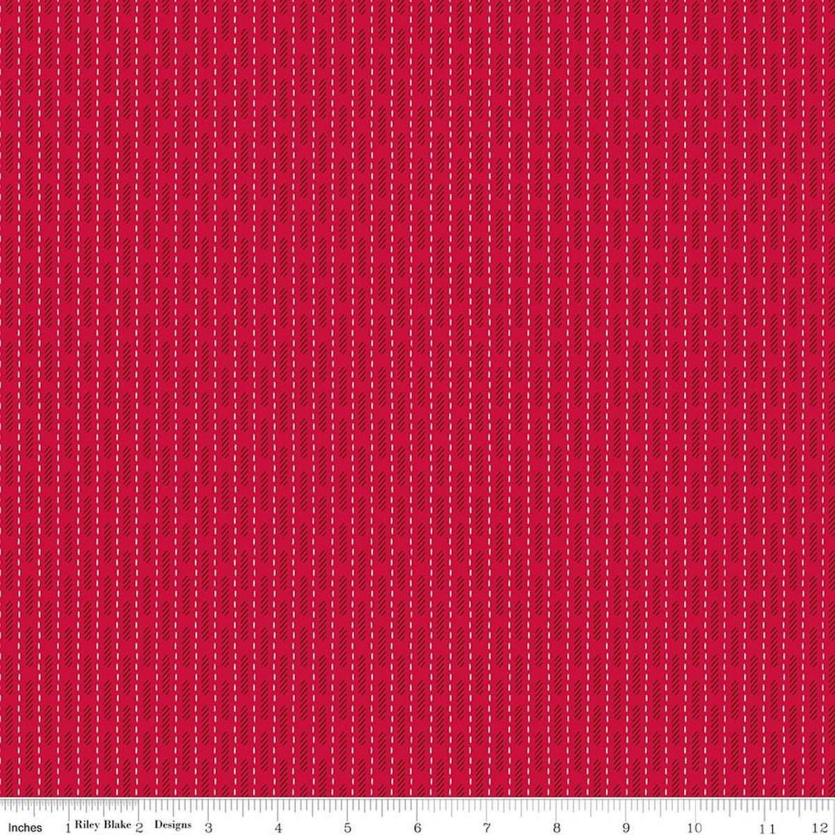 Image of Baked With Love Dish Towel Schoolhouse quilting cotton fabric by Lori Holt for Riley Blake Designs. Features stripes on a red background. Cute Little Fabric Shop.