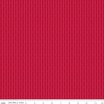 Image of Baked With Love Dish Towel Schoolhouse quilting cotton fabric by Lori Holt for Riley Blake Designs. Features stripes on a red background. Cute Little Fabric Shop.