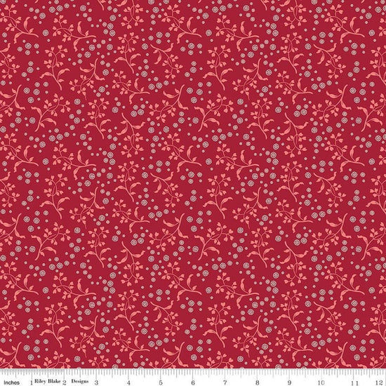Image of Baked With Love Apron Cherry Tart quilting cotton fabric by Lori Holt for Riley Blake Designs. Features flowers on a red background. Cute Little Fabric Shop.