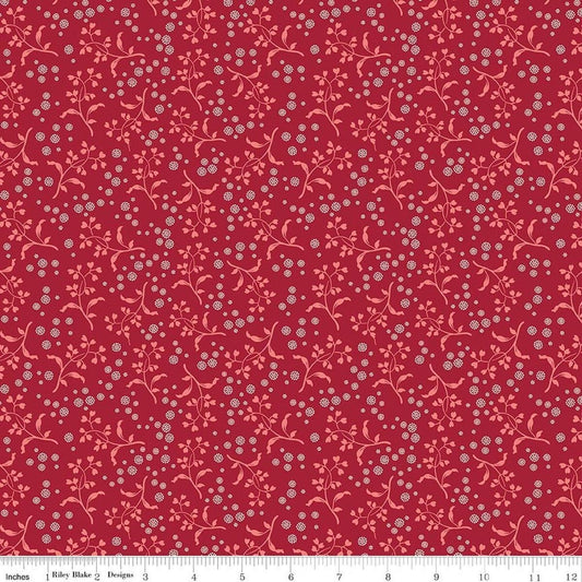 Image of Baked With Love Apron Cherry Tart quilting cotton fabric by Lori Holt for Riley Blake Designs. Features flowers on a red background. Cute Little Fabric Shop.