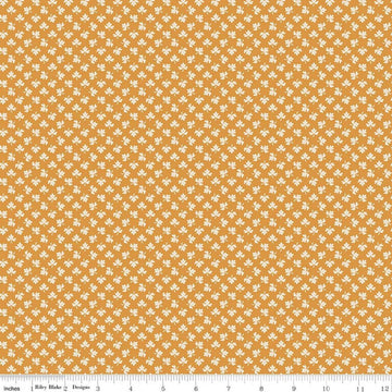 Image of Baked With Love Gathering Spice quilting cotton fabric by Lori Holt for Riley Blake Designs. Features leaves on an orange background. Cute Little Fabric Shop.
