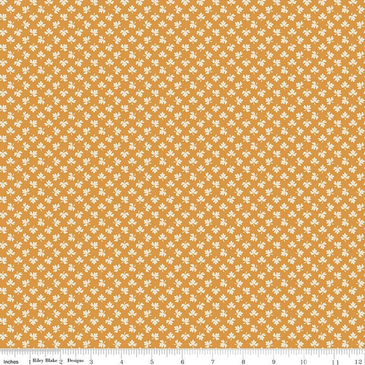 Image of Baked With Love Gathering Spice quilting cotton fabric by Lori Holt for Riley Blake Designs. Features leaves on an orange background. Cute Little Fabric Shop.