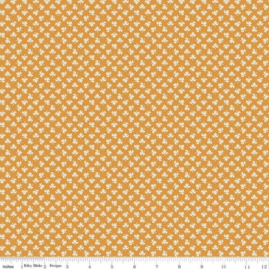 Image of Baked With Love Gathering Spice quilting cotton fabric by Lori Holt for Riley Blake Designs. Features leaves on an orange background. Cute Little Fabric Shop.