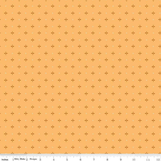 Image of Baked With Love Pie Marigold quilting cotton fabric by Lori Holt for Riley Blake Designs. Features a geometric pattern on a yellow background. Cute Little Fabric Shop.