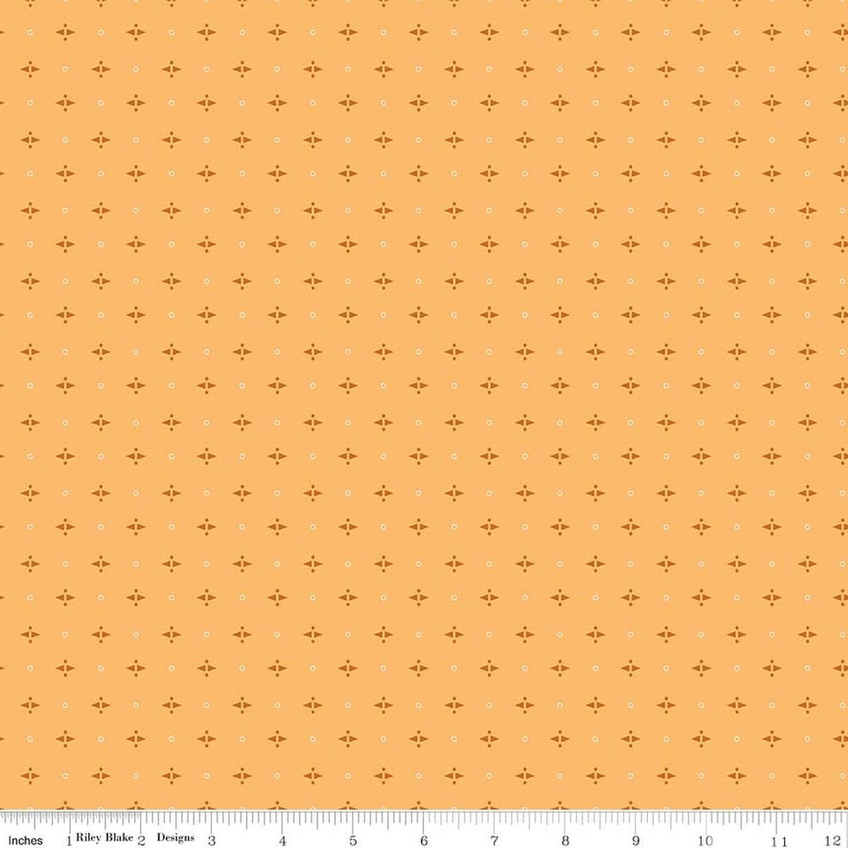 Image of Baked With Love Pie Marigold quilting cotton fabric by Lori Holt for Riley Blake Designs. Features a geometric pattern on a yellow background. Cute Little Fabric Shop.