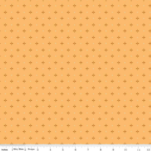 Image of Baked With Love Pie Marigold quilting cotton fabric by Lori Holt for Riley Blake Designs. Features a geometric pattern on a yellow background. Cute Little Fabric Shop.