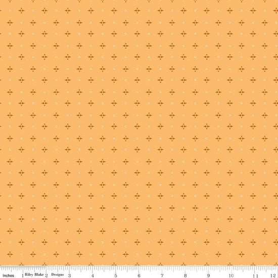 Image of Baked With Love Pie Marigold quilting cotton fabric by Lori Holt for Riley Blake Designs. Features a geometric pattern on a yellow background. Cute Little Fabric Shop.