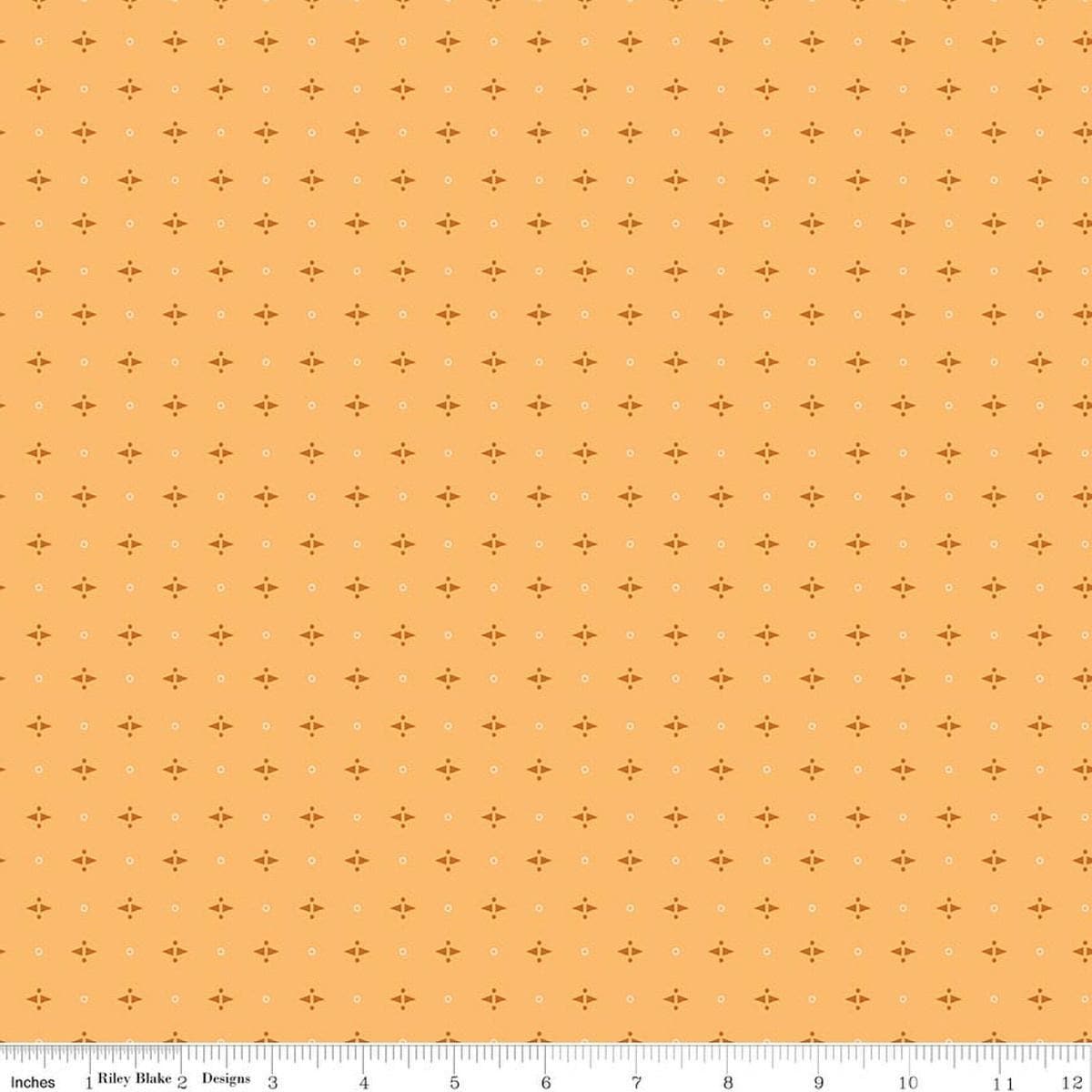 Image of Baked With Love Pie Marigold quilting cotton fabric by Lori Holt for Riley Blake Designs. Features a geometric pattern on a yellow background. Cute Little Fabric Shop.
