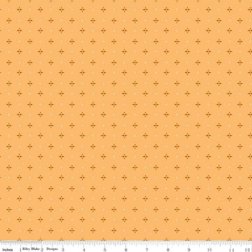 Image of Baked With Love Pie Marigold quilting cotton fabric by Lori Holt for Riley Blake Designs. Features a geometric pattern on a yellow background. Cute Little Fabric Shop.