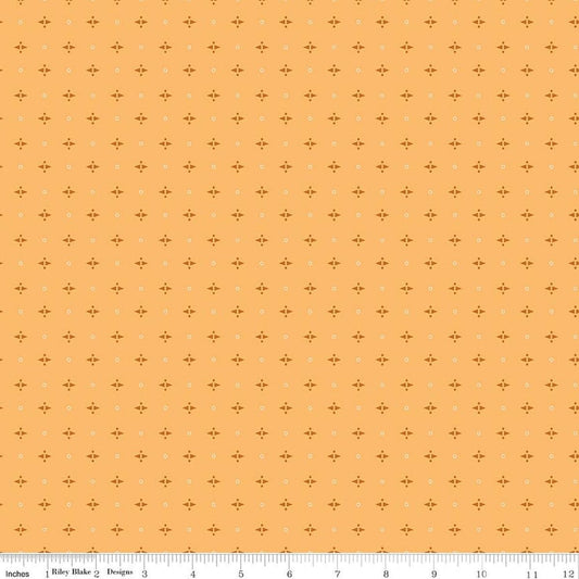 Image of Baked With Love Pie Marigold quilting cotton fabric by Lori Holt for Riley Blake Designs. Features a geometric pattern on a yellow background. Cute Little Fabric Shop.